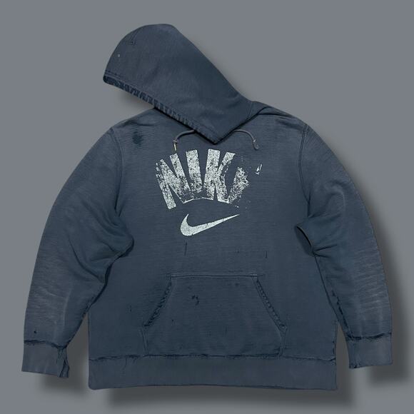 Thrashed Hoodie y2k Nike Swoosh Distressed Navy Blue Sun Faded Soft Thin Blue XL - Picture 1 of 13